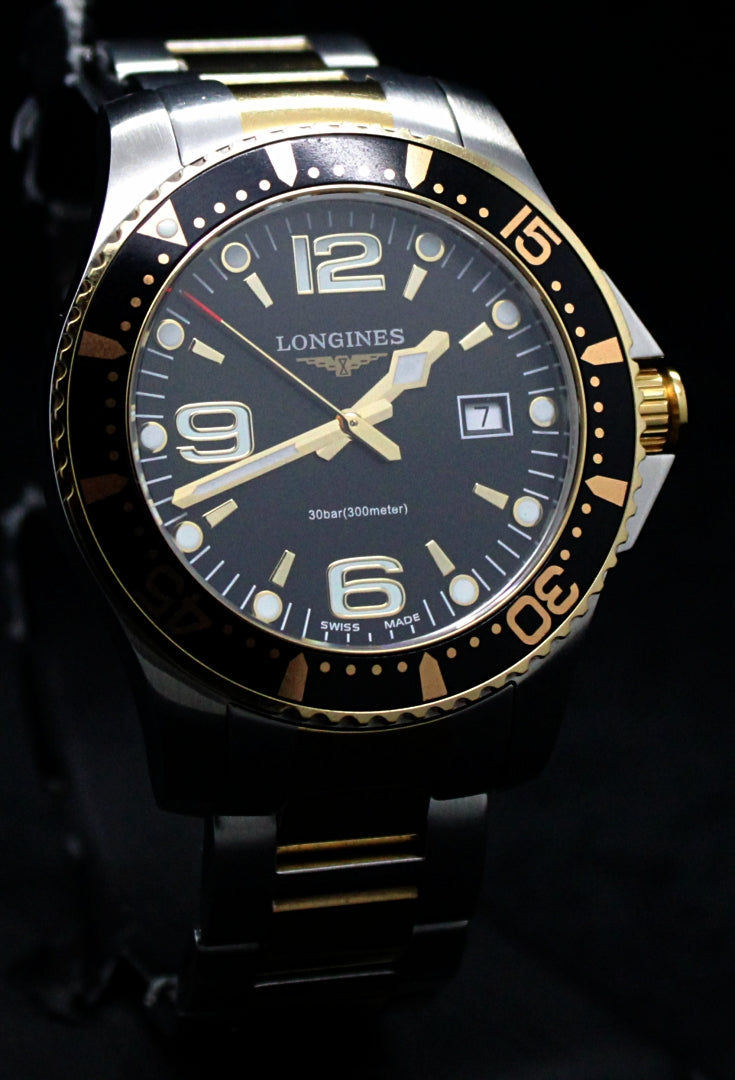 MEN'S LONGINES HYDROCONQUEST BLACK TWO TONE DIAL DAY SWISS WATCH - Vintage Vault Traders