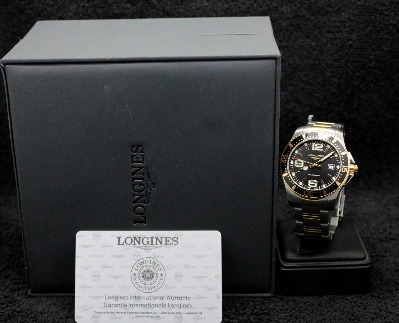 MEN'S LONGINES HYDROCONQUEST BLACK TWO TONE REF.L3.640.3 DIAL DAY SWISS WATCH